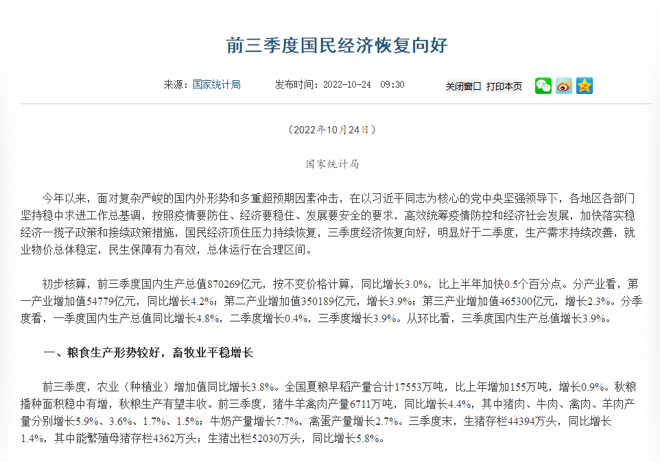 前三季度經(jīng)濟數(shù)據(jù)公布！糧食生產(chǎn)形勢較好，畜牧業(yè)平穩(wěn)增長